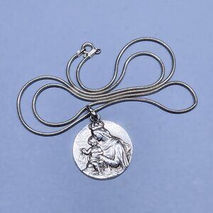 Vtg Solid Silver SCAPULAR Our Lady Mount Carmel Sterling Silver 20" Snake Chain